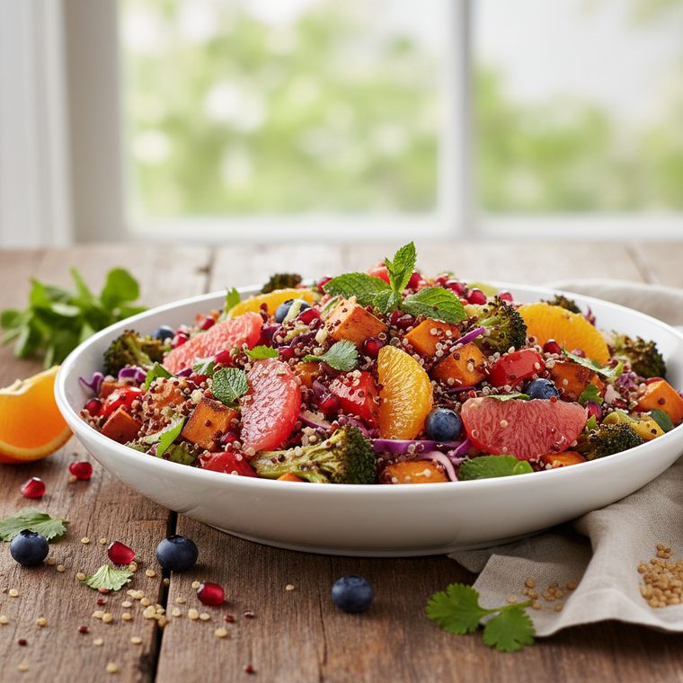 Bunte Quinoa-Bowl mit Brokkoli, Süßkartoffel, Grapefruit, Orange und Granatapfelkernen