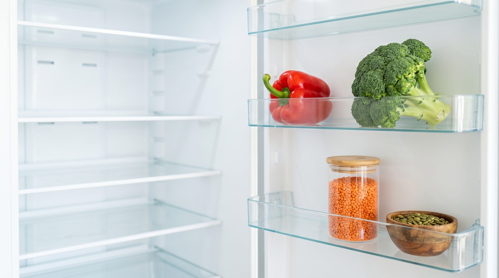Geoeffneter Kuehlschrank mit Paprika, Brokkoli, Linsen und Kuerbiskernen